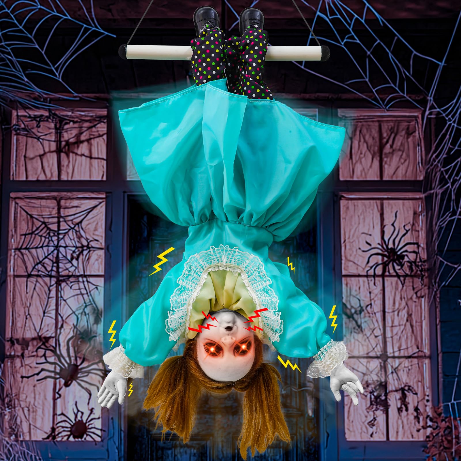 Photo 1 of [Moving Hands] 30 Inch Halloween Animatronic Hanging Upside Down Girl Decorations Outdoor, Scary Animated Prop Sound & Touch Activated with Flashing Eyes, Spooky Laughter for Halloween Party Decor