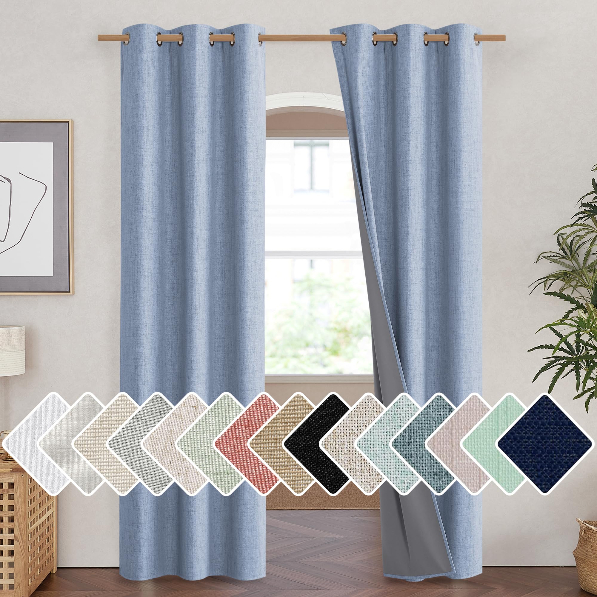 NICETOWN Stone Blue Vintage Linen 100% Blackout Curtains for Living Room, Thermal Insulated Curtains 90" Long, Noise Reducing Window Treatment Drapes for Hall Room, 42" Wide Per Panel, Set of 2 Image