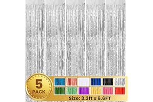 PABUES 5 Pack 3.3 x 6.6 FT Silver Foil Fringe Backdrop Curtain, Streamer Backdrop Curtains, Streamers Birthday Party Decorations, Fringe Backdrop for Graduation, Baby Shower, Gender Reveal