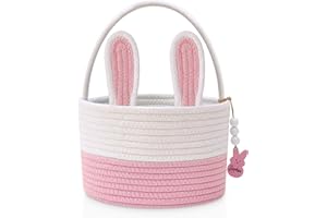 MELLBAY Easter Baskets for Kids, Pink Large Woven Rope Bunny Personalized Easter Basket Empty with Handle, Basket Name Tag, Baby Egg Easter Baskets for Girls, Boys, Toddler, Babies, Infant, Easter Gifts