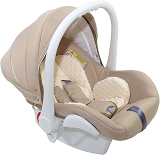 Clamaro Babyschale Auto &#39;JUNO white&#39; ultraleicht 2,95 kg mit Anti-Shock Schaumstoff, Gruppe 0+ (0-13 kg) ECE-R 44/04 - Baby Autositz inkl. Sonnenverdeck und Fußabdeckung - Beige Leinen