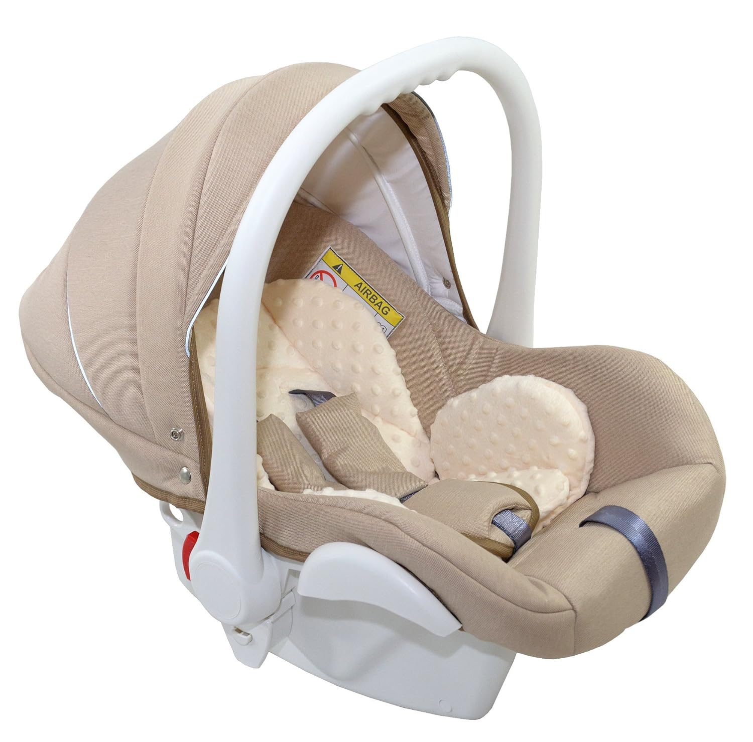 Clamaro Babyschale Auto &#39;JUNO white&#39; ultraleicht 2,95 kg mit Anti-Shock Schaumstoff, Gruppe 0+ (0-13 kg) ECE-R 44/04 - Baby Autositz inkl. Sonnenverdeck und Fußabdeckung - Beige Leinen