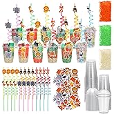 Qinyoung 99 Pcs 24 Sets Birthday Party Cup Favors with Lids Straws Sticker Paper Grass Filler Disposable Clear Cups for Holiday Return Gifts Birthday Party Supplies (Jungle Animals)