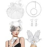 Fascinators Hat with Veil for Women Tea Party Funeral Wedding Cocktail 1920s Events, Satin Gloves and Pearl Jewelry Set