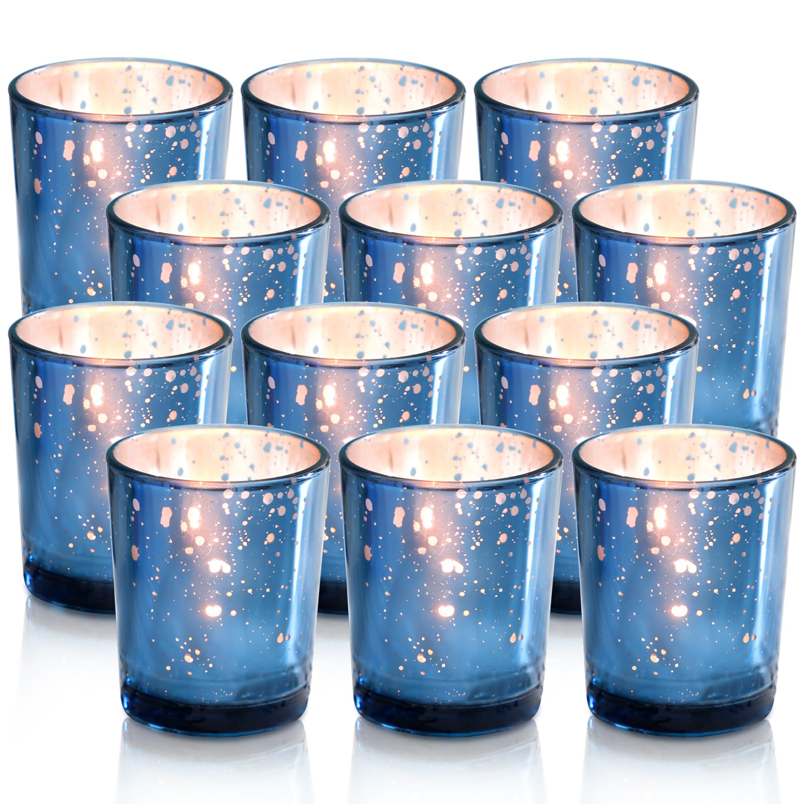 Blue Votive Candle Holders, Mercury Glass Tealight Candle Holder Set of 12, Perfect Centerpieces for Wedding, Party, Home Decor (Blue)