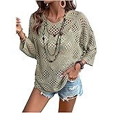 SweatyRocks Women's Hollow Out V Neck Crochet Sweater Casual Long Sleeve Loose Knit Pullover Tops