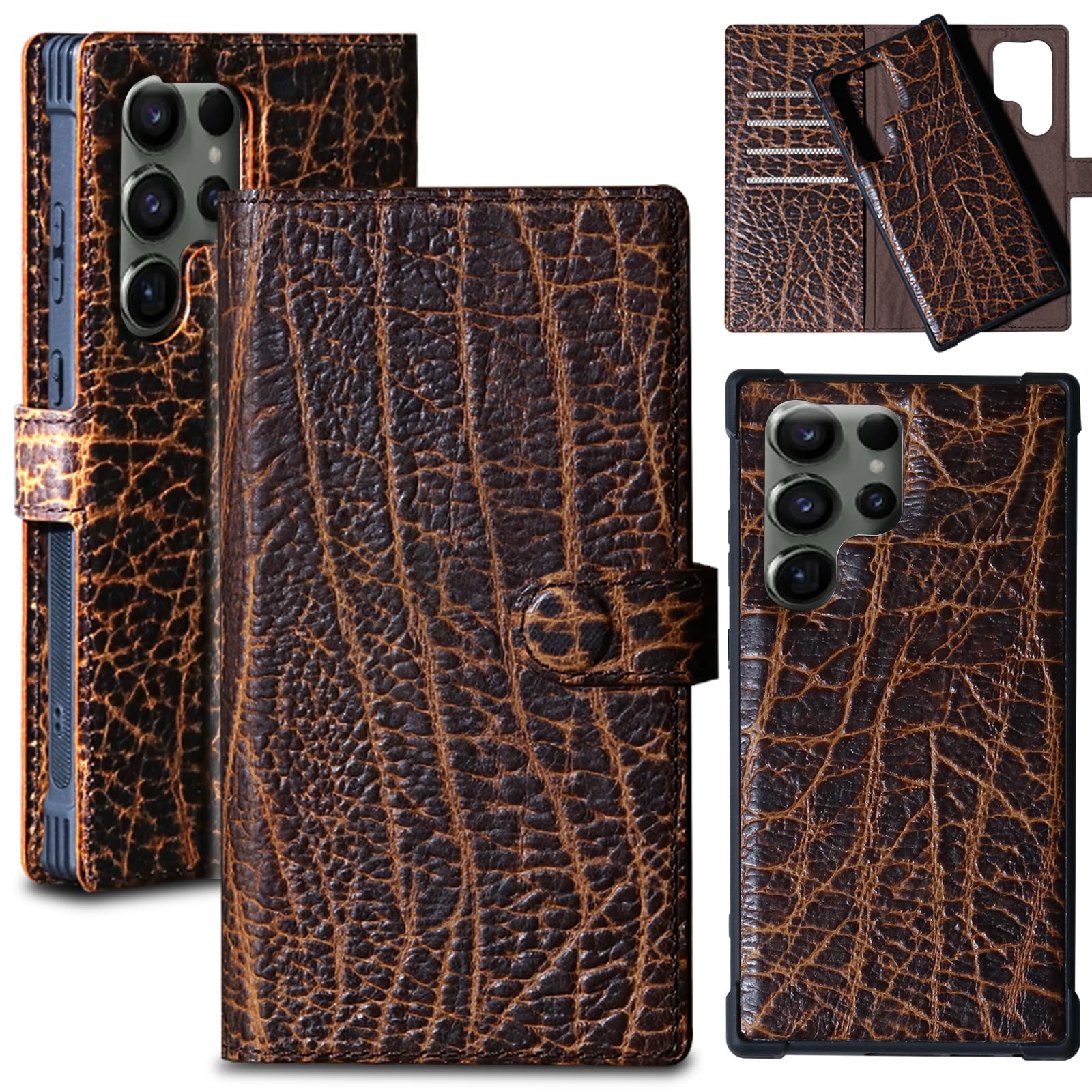 Photo 1 of RMAWRAD Leather Case Wallet Compatible with Samsung Galaxy S25 Ultra,Genuine Leather2-in-1Magnetic Detachable Shockproof,Flip Folio Cover with Card Slot, RFID Blocking Dark Brown