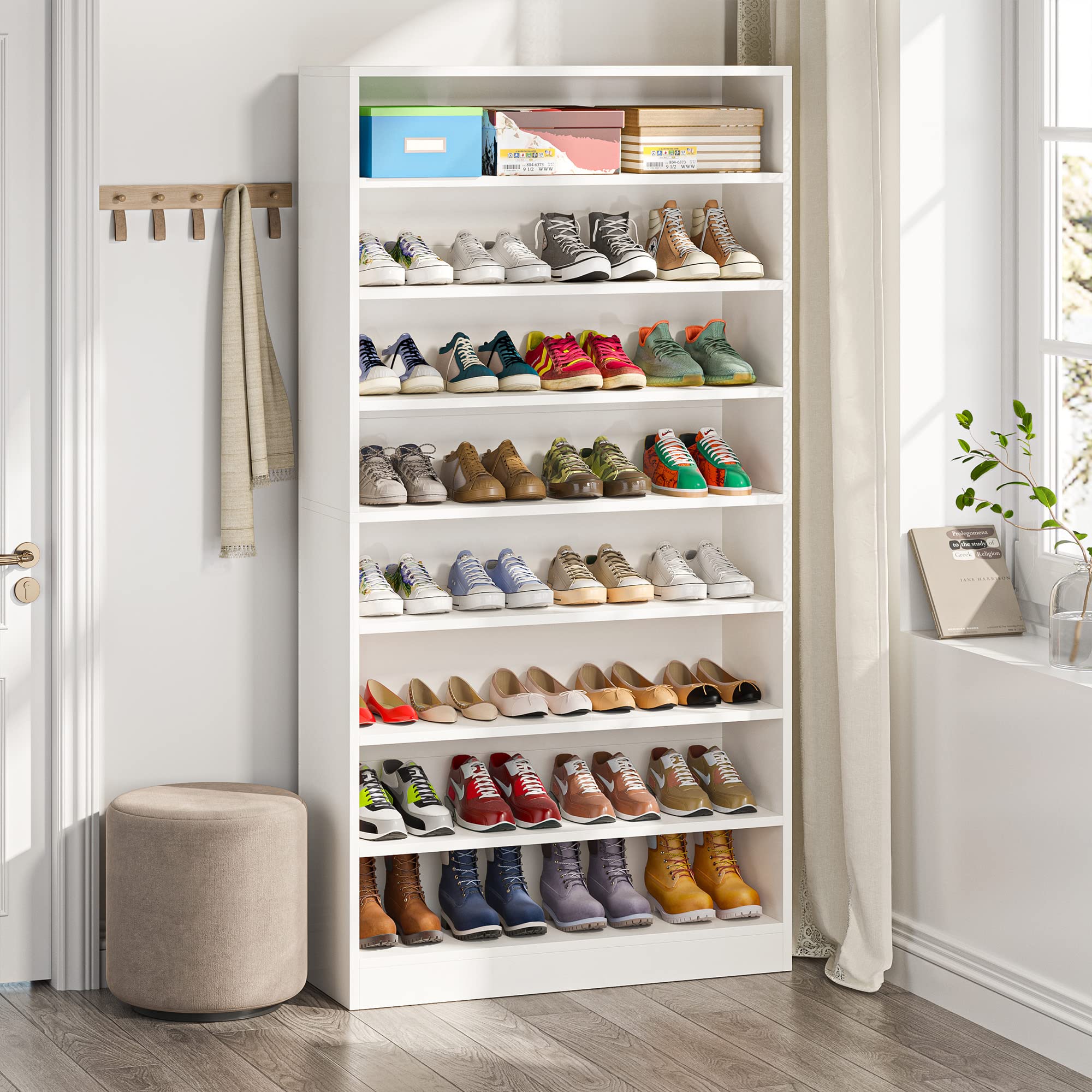 Photo 1 of ***(DAMAGE, PAINT CHIPS, CORNER EDGING -SELLING AS IS)*** Tribesigns Shoe Cabinet, 9 Tiers 40-45 Pairs Heavy Duty Wood Freestanding Shoe Storage Cabinet, 70.8'' Tall Shoe Cabinet with Open Storage for Entryway, White