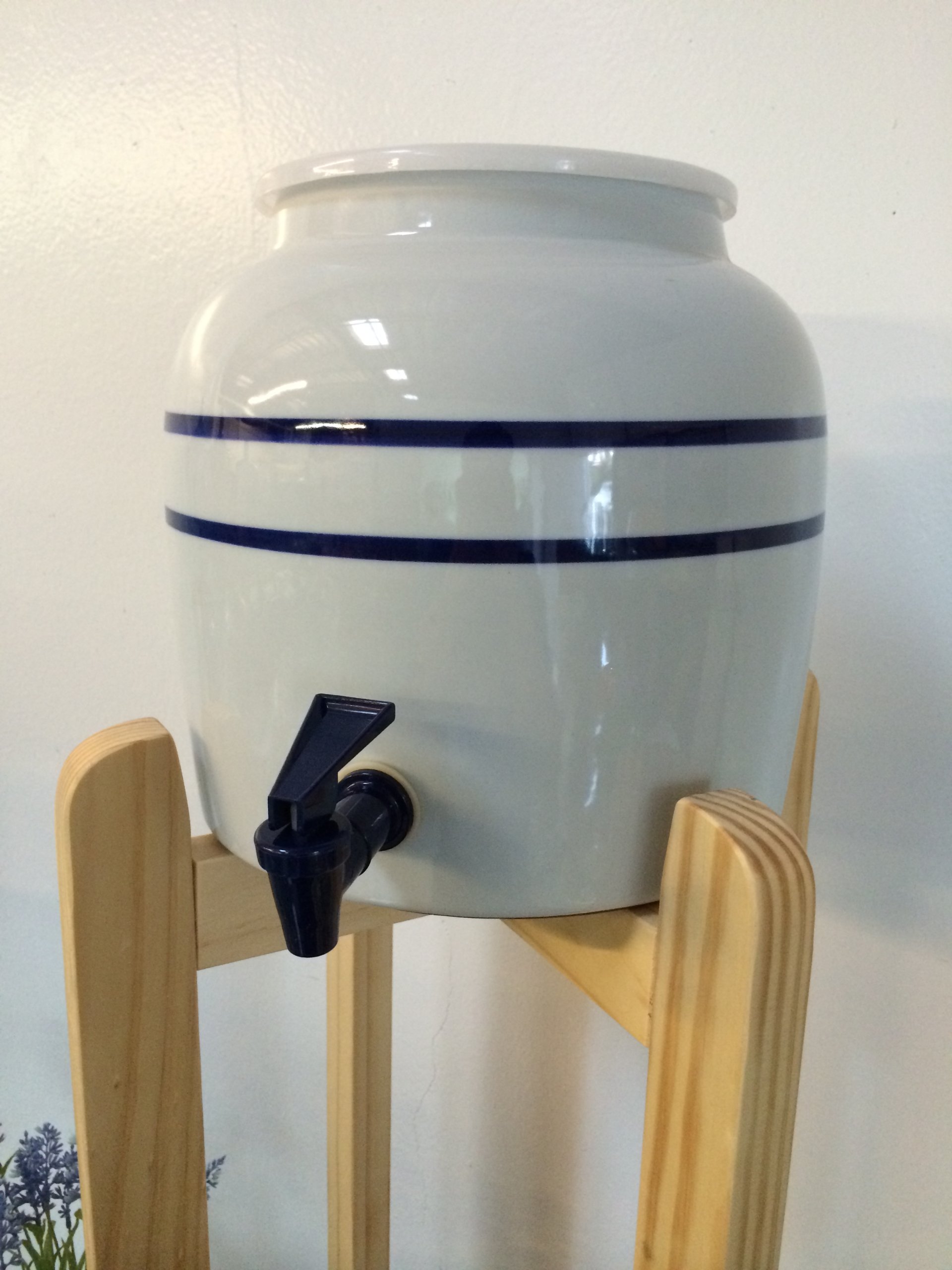 Porcelain Ceramic Water Dispenser Blue Stripes and Natural Wood Floor