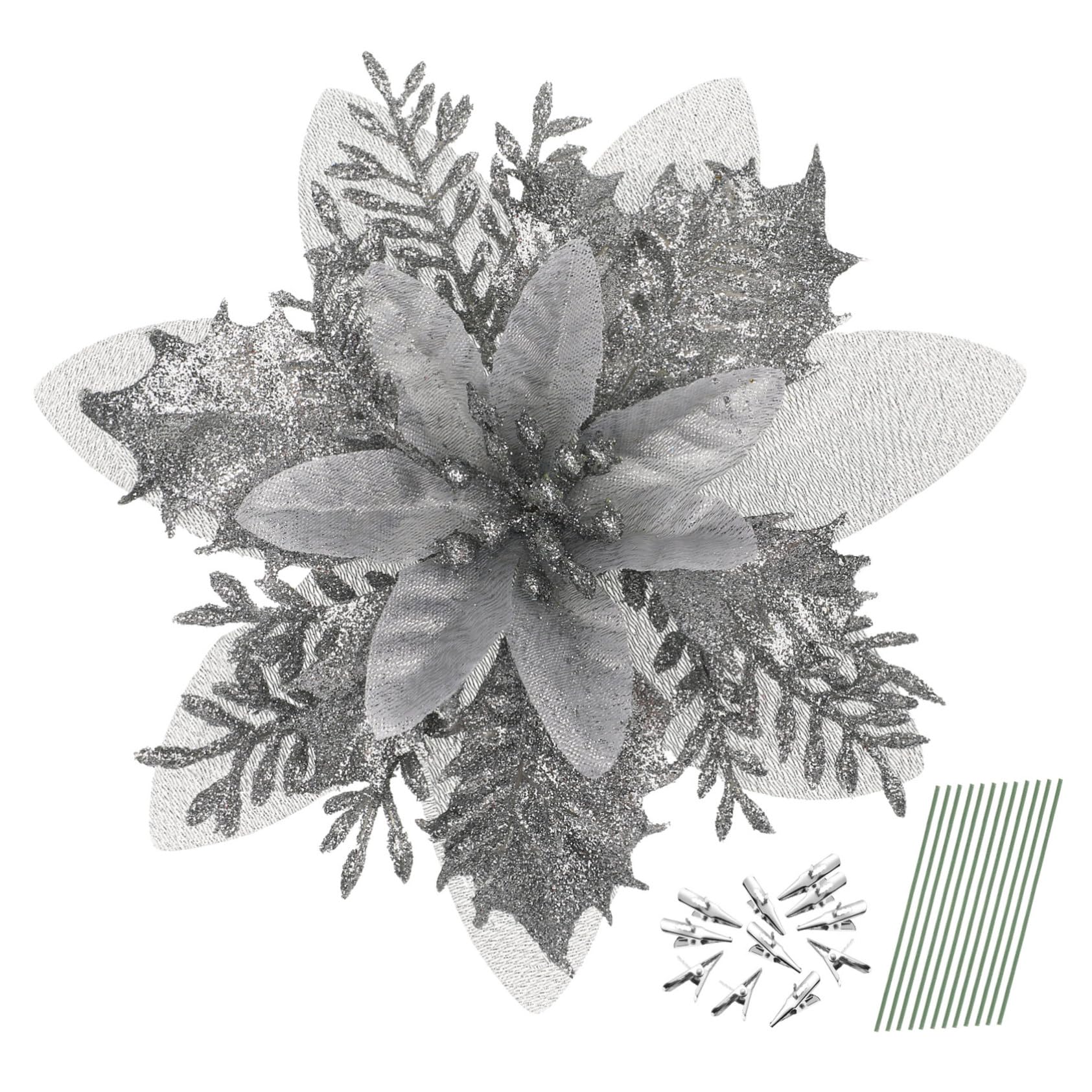 TOYANDONA 12Pcs Christmas Poinsettia Flowers, Artificial Glitter Flowers Home Party Wreath Decorations Tree Ornaments Decoration Stems and Clips- Grey (7E7YWHPDGB1352156Q5)