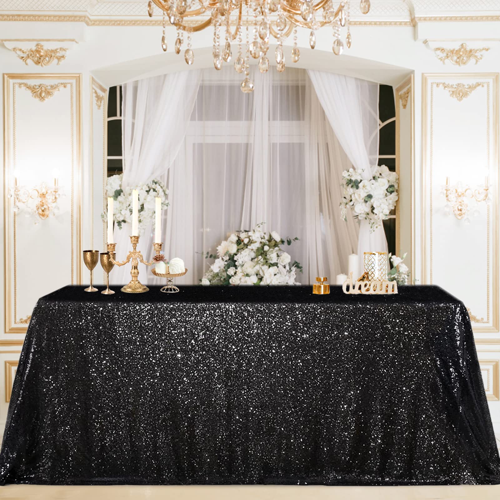 B-COOL Black Sequin Tablecloth Halloween Table Overlays Shimmer Table Cloth 90x90-inch Square Halloween Decoration Popular and Elegant Wedding Tablecloth