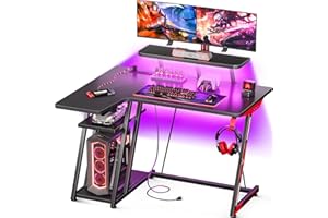 MOTPK L Shaped Gaming Desk with LED Lights & Power Outlets, Small Gaming Computer Desk 39inch with Storage Shelf, Corner Desk with Carbon Fiber Texture, Gamer Desk Gaming Table, Black