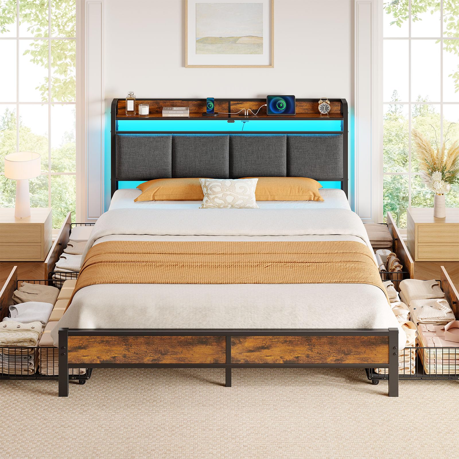 Rolanstar Bed Frame Full Size with Charging Station and LED Lights, Upholstered Storage Headboard with Drawers, Heavy Duty Metal Slats, No Box Spring Needed, Easy Assembly, Rustic Brown Image