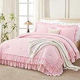 Andency Pink Ruffle Comforter Set King, Shabby Chic Farmhouse Bedding Comforter, Soft Lightweight Fluffy Microfiber Bet Set All Season 3 Pieces Solid Comforter Set