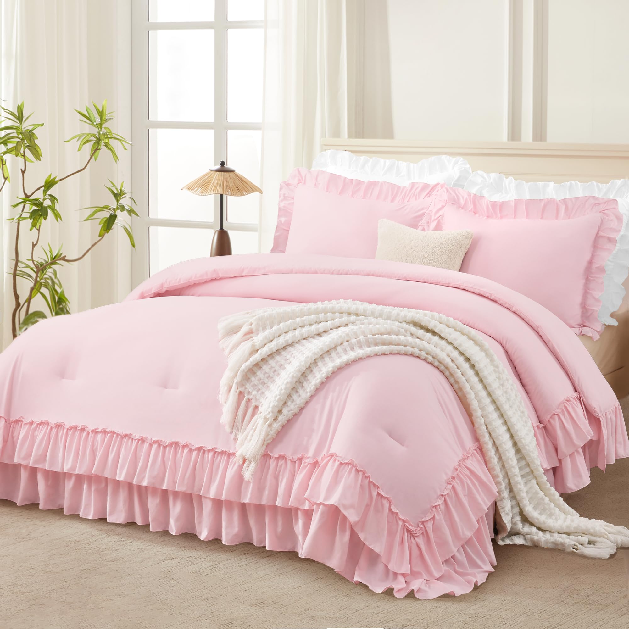 Andency Super King Ruffle Comforter Set, 3 Pieces Cute Shabby Chic Farmhouse Bedding Set, Soft Lightweight Oversized King Comforter Set 120x120 for Girls Women (1 Comforter 2 Pillowcases), Pink Image