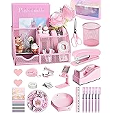 Pink Desk Accessories, 24Pcs Pink Office Supplies and Desk Organizers, with Tape Dispenser, Stapler, Staple Remover, Ect, Gift Box Packaging