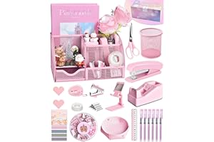 LXEVIHK Pink Desk Accessories, 24Pcs Pink Office Supplies and Desk Organizers, with Tape Dispenser, Stapler, Staple Remover, Ect, Christmas Gifts