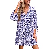 CUPSHE Women Mini Summer Dress Cover Up Oversize Floral Shirt 3/4 Sleeve Cuff Tie Button Down Beach Dresses Cover Up Top