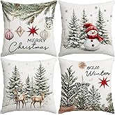 Artmag Christmas Throw Pillow Covers, 18x18 inch Decorative Farmhouse Merry Christmas Tree Snowman Winter Red Pillow Cases for Holiday Home Coach Sofa Set of 4