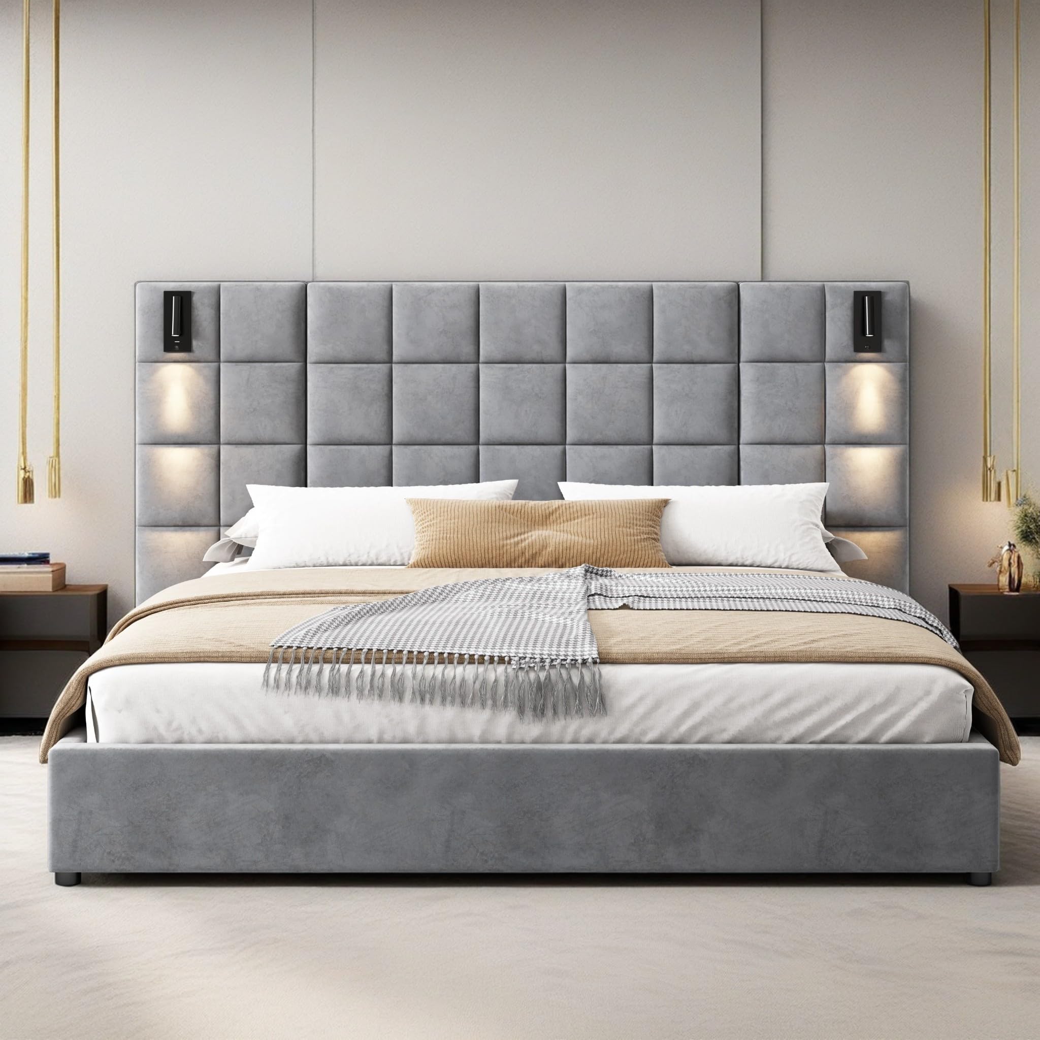 Photo 1 of ***FULL SET 2 OF 2 | TRUCK/TRAILER PICKUP ONLY*** Christopher Knight Home Svens 46" High Headboard Bed, King Size Platform Bed Frame, Soft Velvet Bed Frame, King Size Headboard, Square Pattern Design with Reading Lamps and USB Ports, Grey
