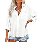 Womens Button Down Shirts with Pockets Long Sleeve Linen Feel Cotton Casual Blouses Loose Fit Summer Tops