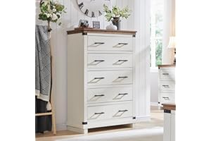 REDLEMON Farmhouse 5 Drawers Dresser for Bedroom, Wood Tall Chest of Drawers with Thick Plank Styling, Rustic Closet Dresser for Bedroom, Living Room, Antique White