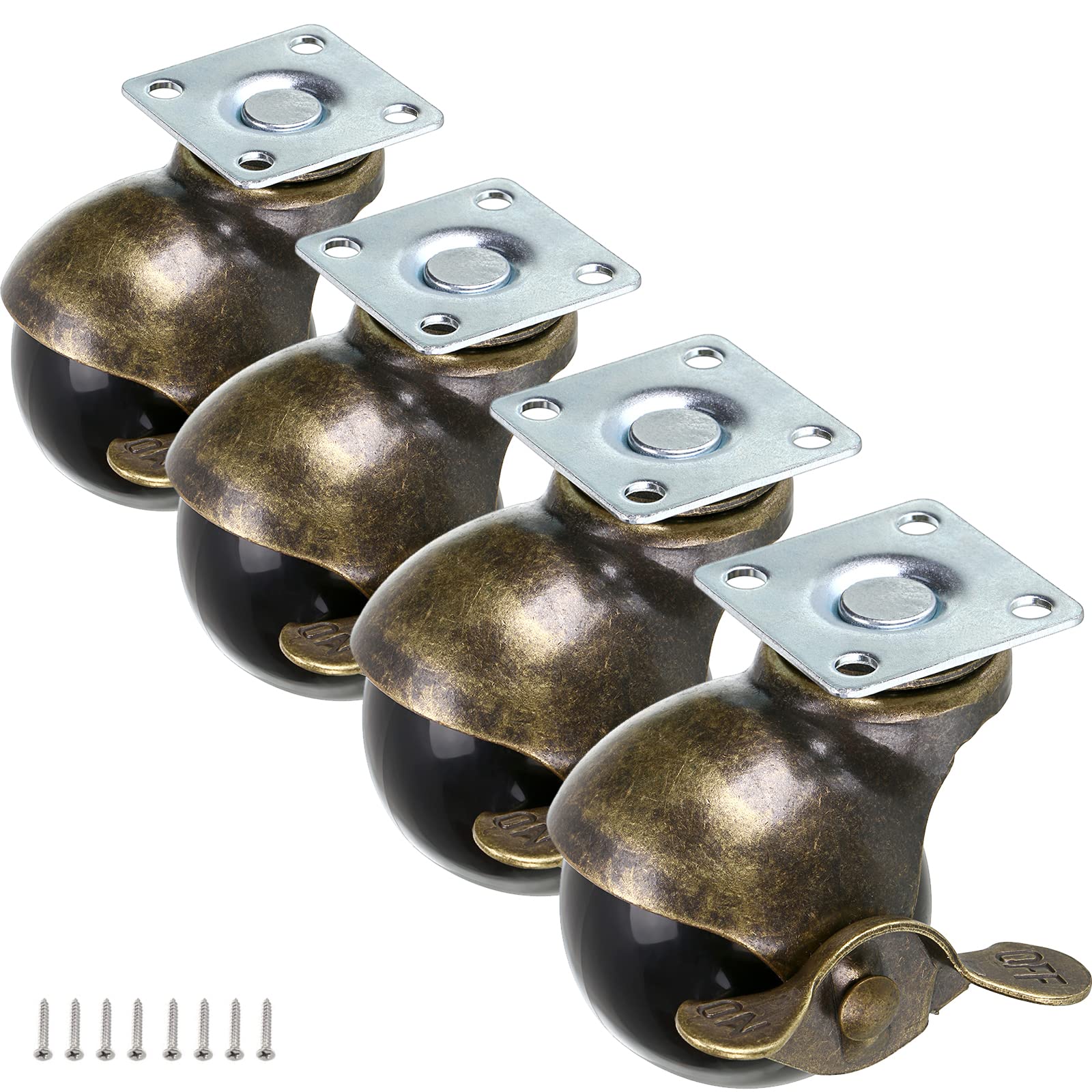 Skelang 2 Inch Ball Caster Wheel Plate Caster with Brake, Vintage Antique Swivel Caster Great for Furniture, Sofa, Chair, Cabinet,Pack of 4