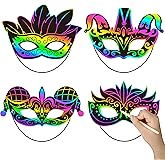 WATINC 24pcs Mardi Gras Scratch Masks for Kids, Carnival Prom Art Craft Kit, Masquerade Party DIY Magic Color Paper Mask, Costumes Dress Up Scratch Off Cards Supplies