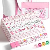 Soulchen 168 Pcs 1.2 Inch Coquette Pink Bow American Mahjong Tiles Set | Complete Melamine Tiles with Dice Large Tote Bag Portable Pouch for Pajama Party Girls Night Travel Collection Gift Giving