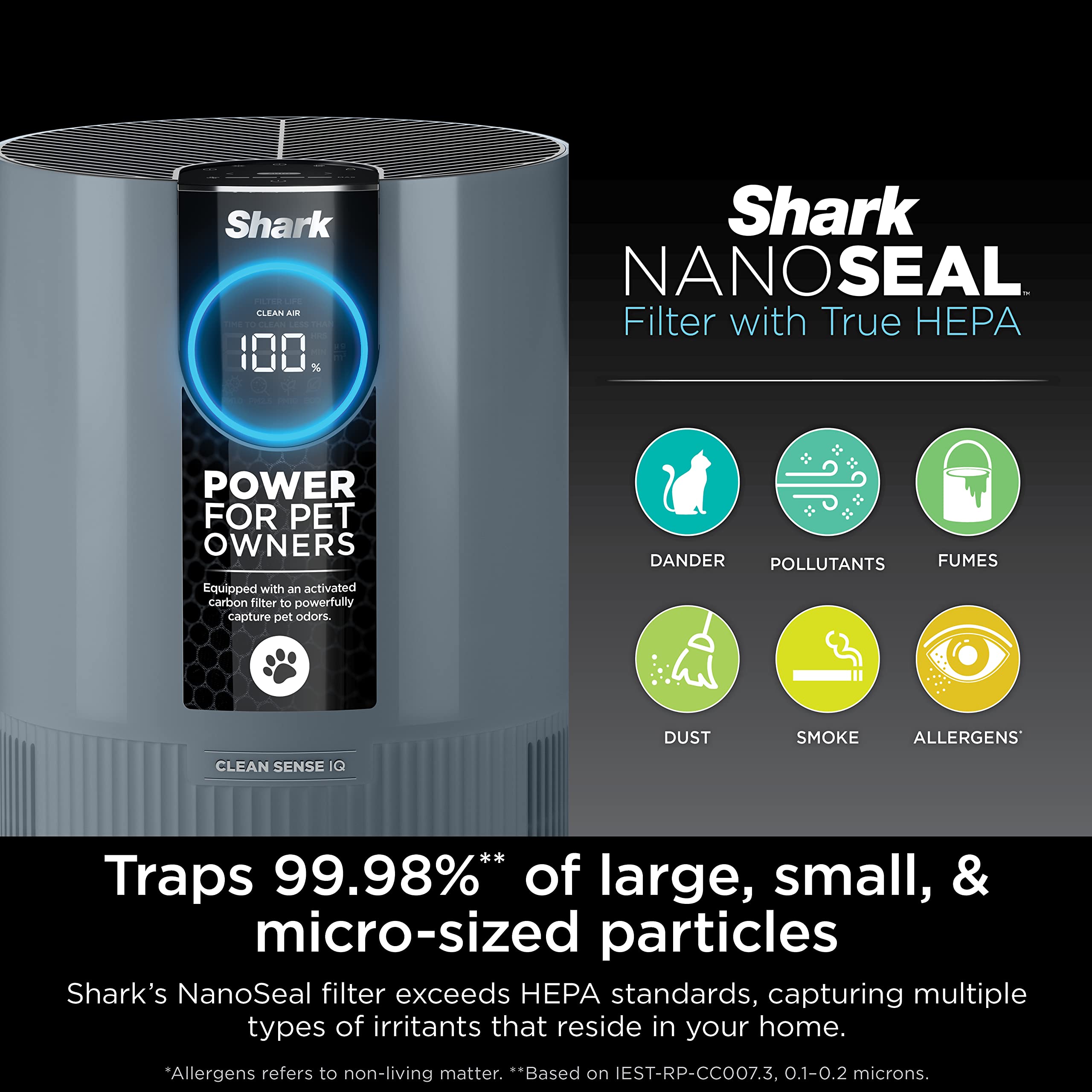 Shark HP102PETBL Clean Sense Air Purifier for Home, Allergies, Pet Hair, HEPA Filter, 500 Sq Ft Small Room, Bedroom, Captures 99.98% of Particles, Pet Dander, Fur, Allergens & Odor, Portable, Midnight