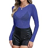 LOMON Womens Mesh Tops Lace Shirts Long Sleeve Crew Neck Sexy See Through Blouses Tee Party Club Night