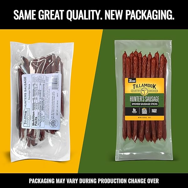TILLAMOOK COUNTRY SMOKER REAL HARDWOOD SMOKED SAUSAGES, HUNTER’S SAUSAGE MEAT STICKS, LOW CARB, HIGH PROTEIN, READY TO EAT SNACKS, 36 COUNT BULK PACK