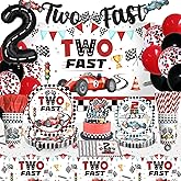 cocomigo 170Pcs Two Fast Birthday Decor, 2 Fast Birthday Decorations Include Plate Cup Napkin Backdrop Banner Tablecloth Balloon Cutlery and Topper