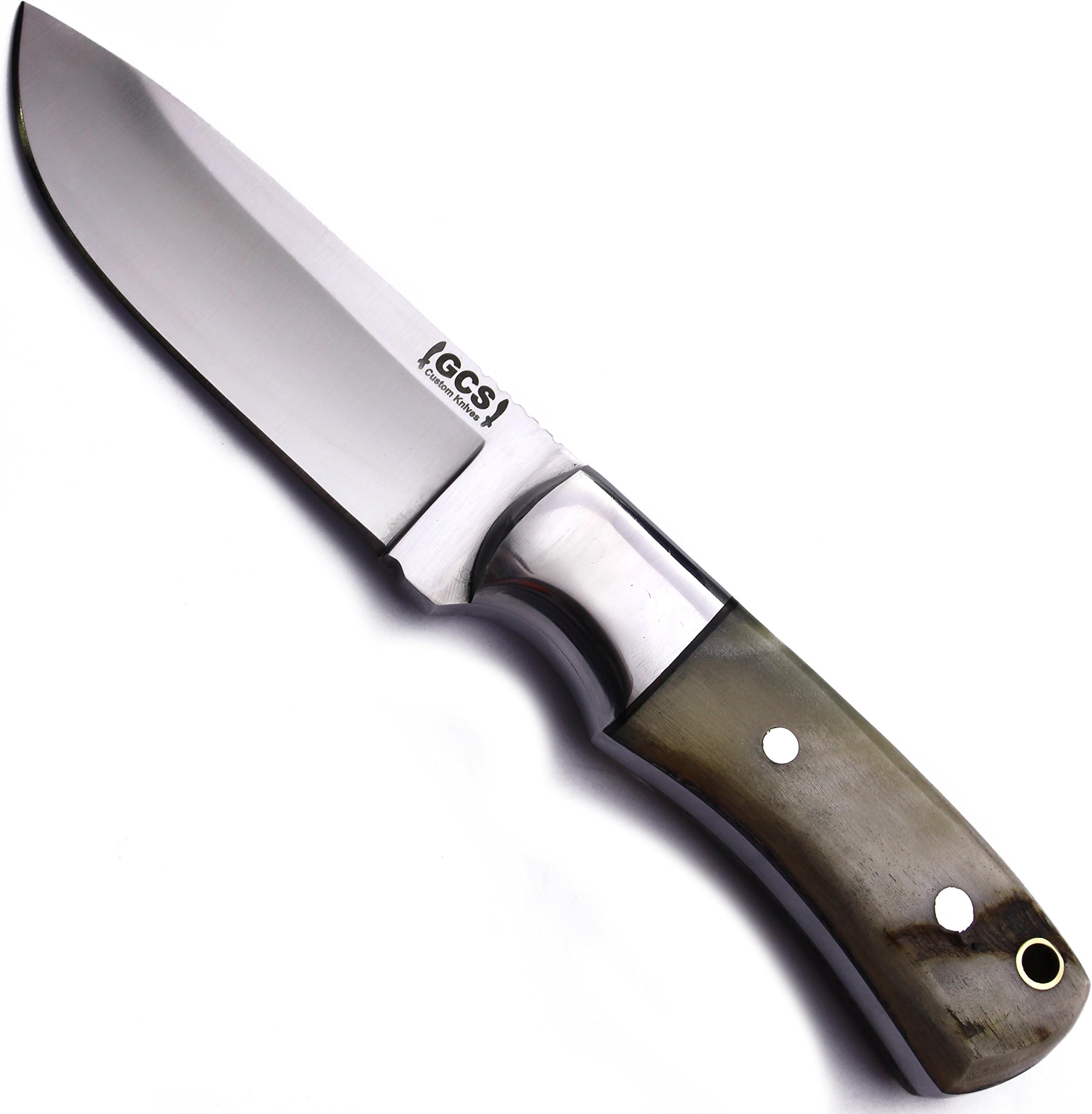 GCS Custom Handmade D2 Tool Steel Sheep Horn Hunting Skinning Bushcraft Camping Fishing Knife & Horizontal Leather Sheath 154