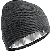 Satin Lined Beanie for Women Men, Cotton Knit Winter Hat Silk Lining Soft Warm Cuffed Fisherman Beanies Hats Skull Cap