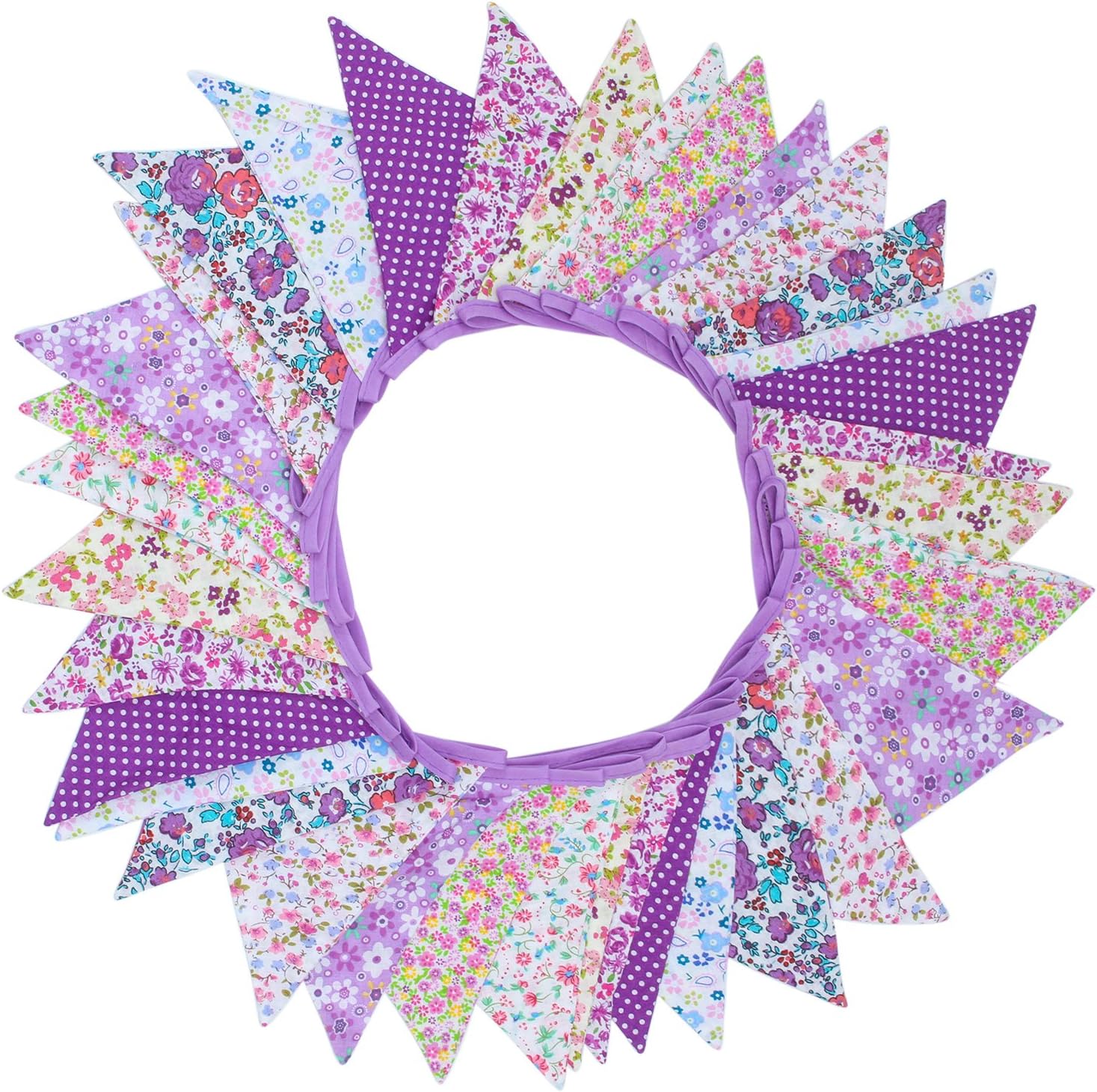 Keriber 36 Feet Fabric Floral Bunting Banner Double Sided Triangle Flag with 36 Flags Purple Floral Style for Wedding Birthday Parties