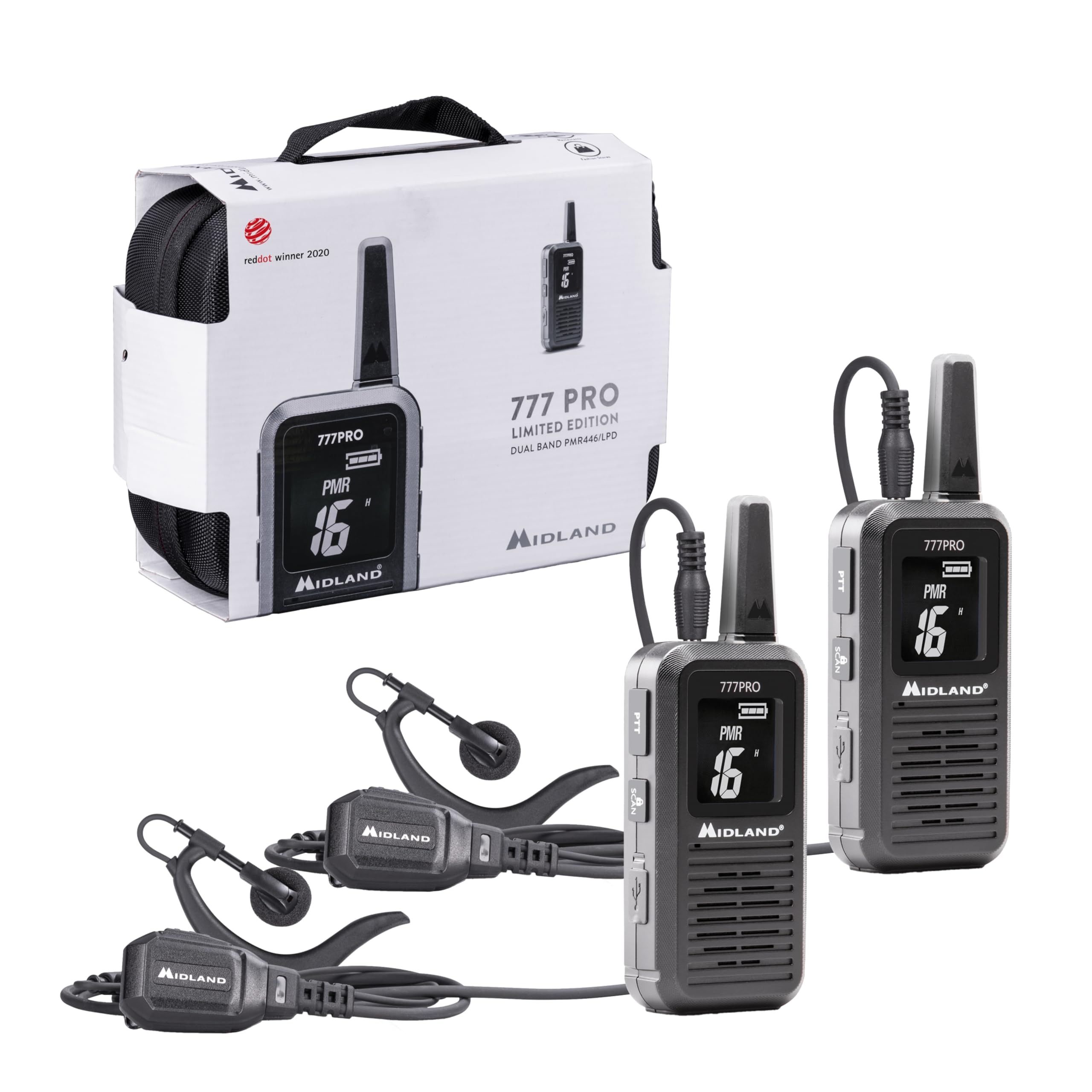 Midland - 2 Walkie Talkies 777 PRO, Walkie Talkie 16 PMR446/69 LPD Licence-Free Channels, 38 CTCSS/104 DCS - Professional 2 Way Radio, 6Km Range, Digital Display, 14H Battery, Rechargeable Batteries
