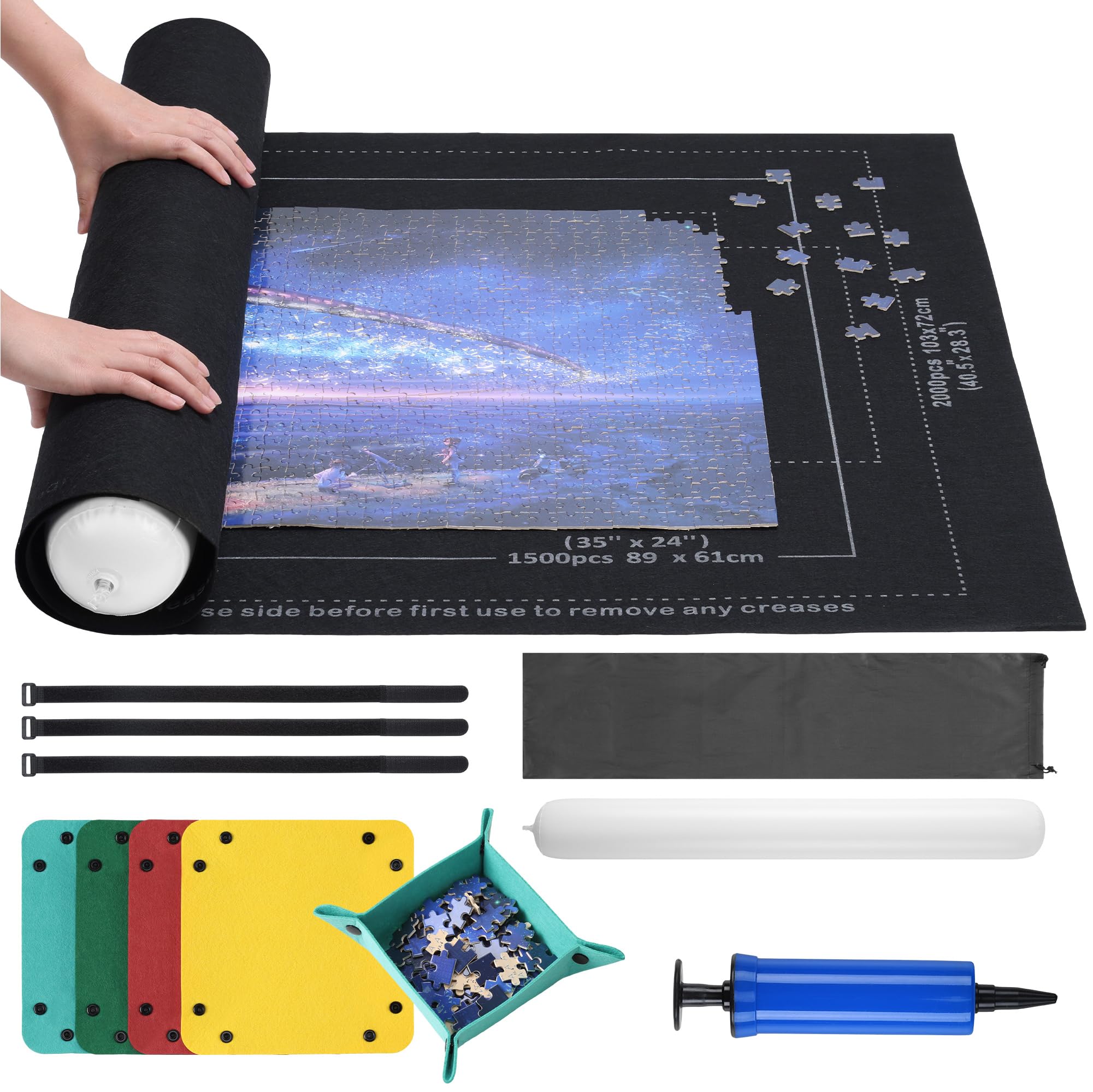 Navaris Puzzle Mat - Stow and Go Jigsaw Felt Roll Up Mats Carries 1000 to 2000 Pieces - 6 Colourful Sorting Trays for Efficient Completion and Storage - Puzzle Matt Rollup