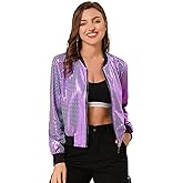 Allegra K Women's Halloween Jacket Sparkly Crew Neck Long Sleeve Holographic Lightweight 90S Shiny Metallic Bomber Jackets