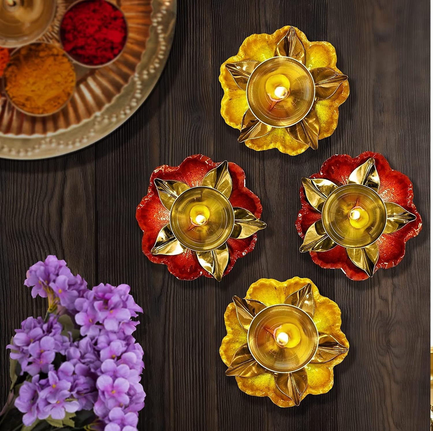 Oil Lamps & Accessories - Satvik 6pc Set Amayra Designer Brass Diya in lotus Shape Diya. Decorative Flower Diya Diwali Candle Tea Light Holder Stand Dia Oil Lamp Indoor Decoration Table Diya Housewarming Return Gift Items