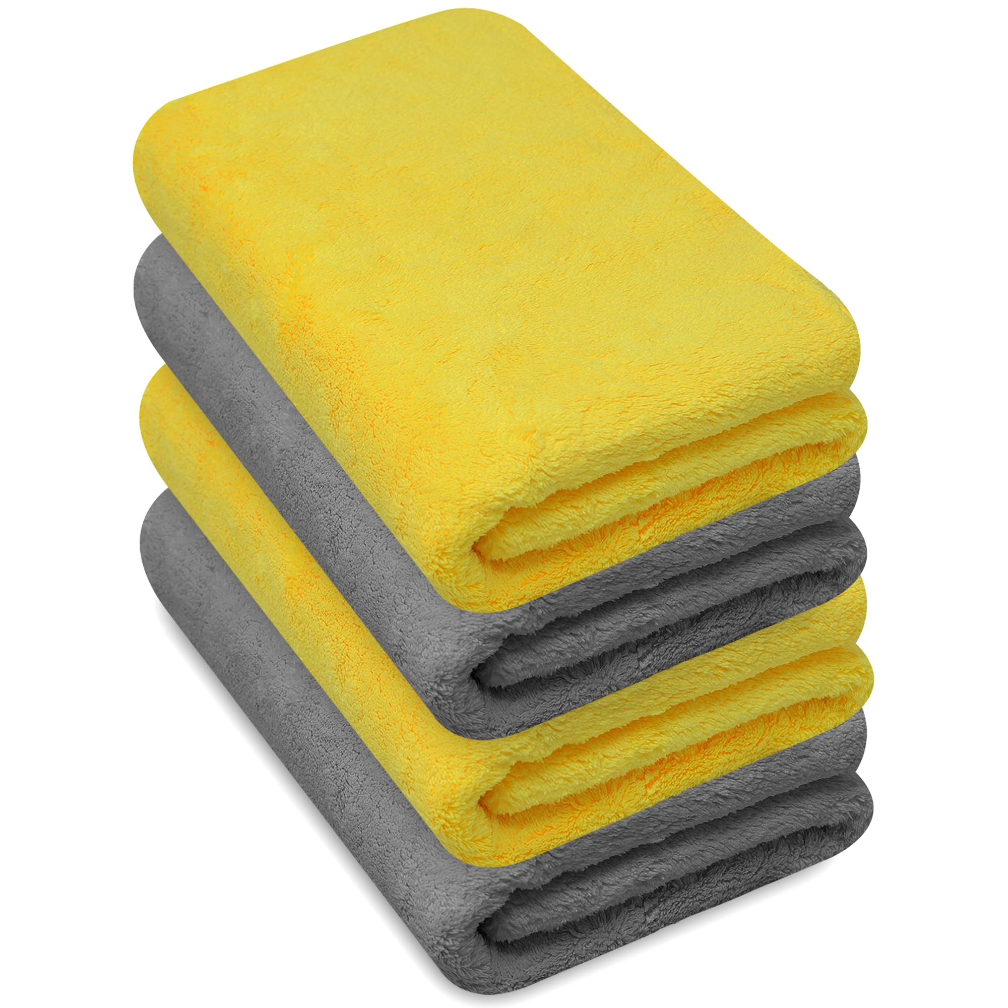 Towelogy® Microfibre Cleaning Cloths Grey 420GSM Large Thick Ultra Absorbent Multipurpose For Dusting Polishing Washing 40x40cm (Pack Of 4, Grey & Yellow)
