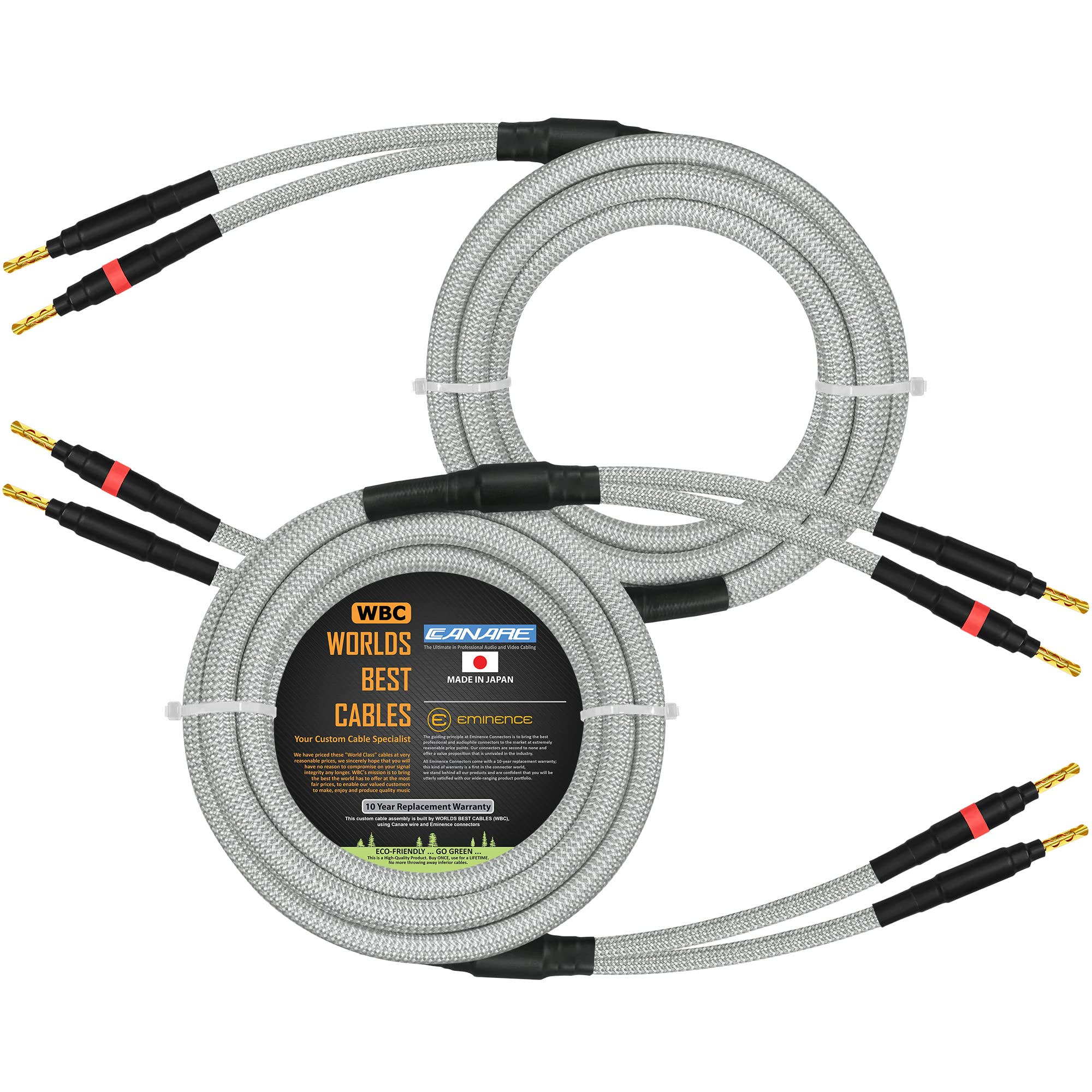 WORLDS BEST CABLES 2 Meter - Canare 4S11 - Braid (White + Steel) – Audiophile Grade - HiFi Star-Quad Speaker Cable Pair with Eminence Gold Banana Connectors