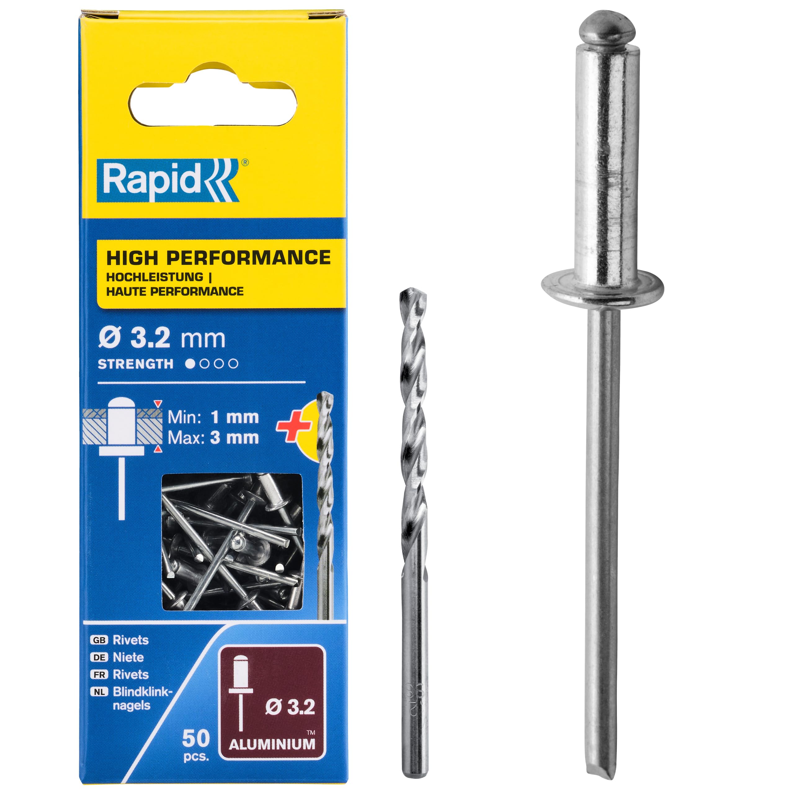 Rapid High Performance Aluminium Rivets, Ø3.2 x 6 mm - 3.2mm Rivets for Mudguards, Metal and Plastic Covering, Signage, and Metal Sheeting - Includes Drill - 50 Pieces, Carton Boxed (5001528) — image 1