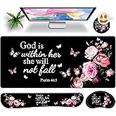 JYCUHTCL Large Gaming Mouse Pad Set 35.4 x 15.7 with Keyboard Wrist Rest, Wrist Support, and Coaster Memory Foam Smooth Desk Pad Mousepad for Home Office School - Floral Bible