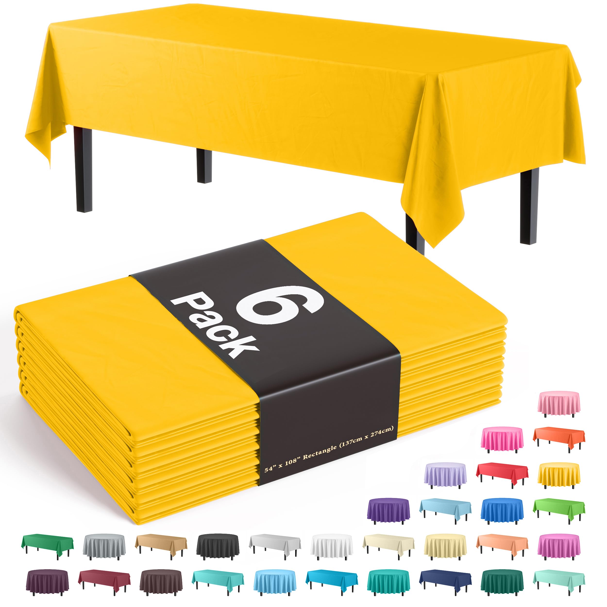 Photo 1 of ****SINGLE COVER**** Party Solids 6-Pack Premium Plastic Tablecloth 54in. x 108in. Rectangle Plastic Table Cover - Yellow
