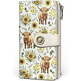 GIANCOMICS Highland Cow Womens Wallet RFID Blocking, Sunflower Credit Card Holder Bifold, PU Leather Travel Billfold, Long Cute Cash Purse, Zipper Coin Pocket Clutch, 11 Card Slot, Ladies Gift Woman