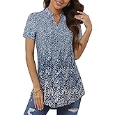 BAISHENGGT Womens Short Sleeve Tunic Tops V Neck Blouses Dressy Casual Vacation Outfits Floral Printed T Shirt