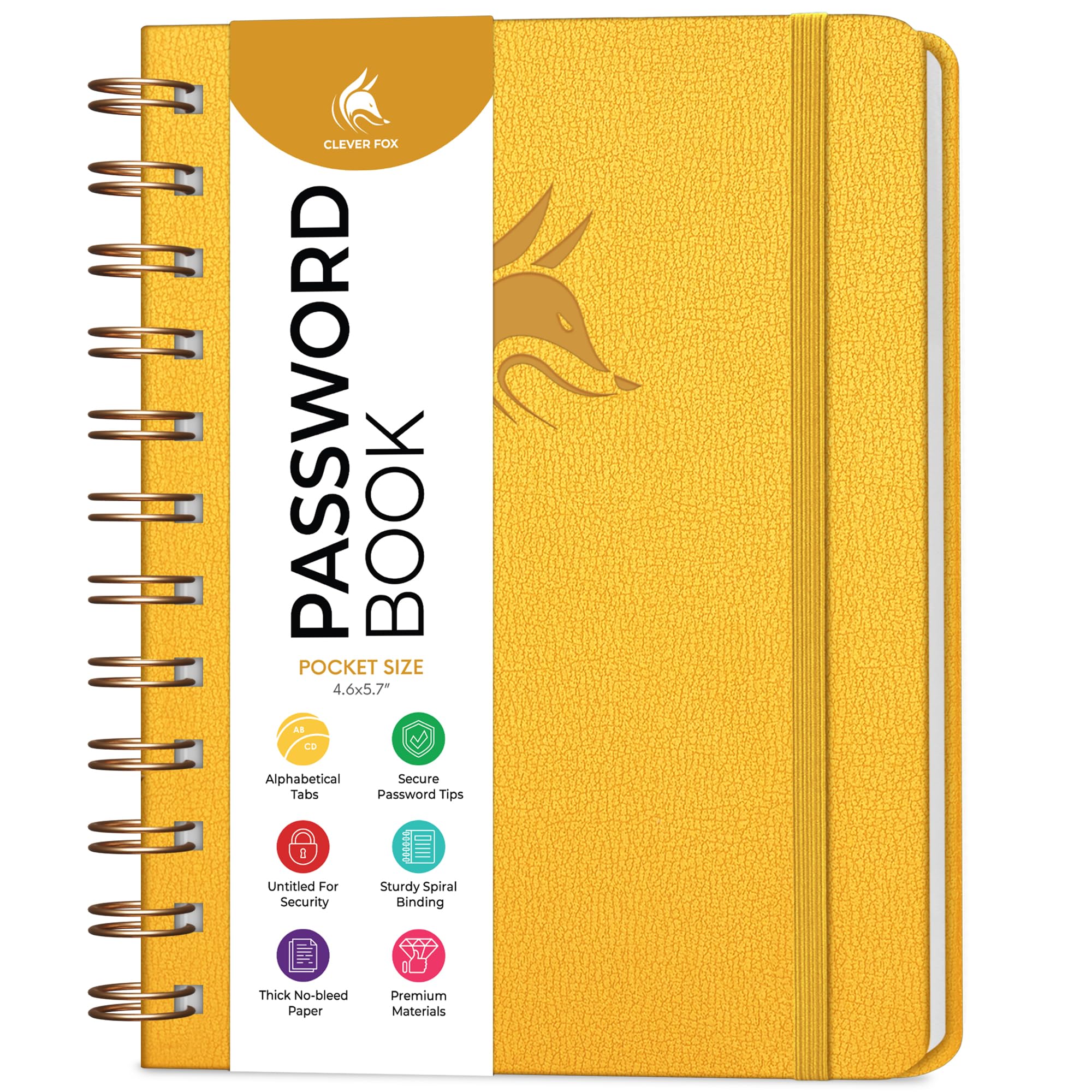 Clever Fox Password Book Spiral – Mini Internet Address & Password Organizer with Laminated Alphabetical Tabs – Small Password Keeper Journal – Hardcover, Pocket Size, 12x14.5cm (Amber Yellow) — image 1