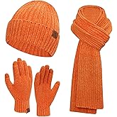 Womens Winter Knit Warm Hat Beanie Long Scarf Touch Screen Gloves Set Skull Caps Neck Scarves for Women