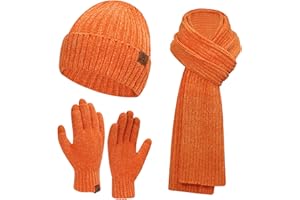 AQOTHES Womens Winter Knit Warm Hat Beanie+Long Scarf+Touch Screen Gloves Set Skull Caps Neck Scarves for Women Men